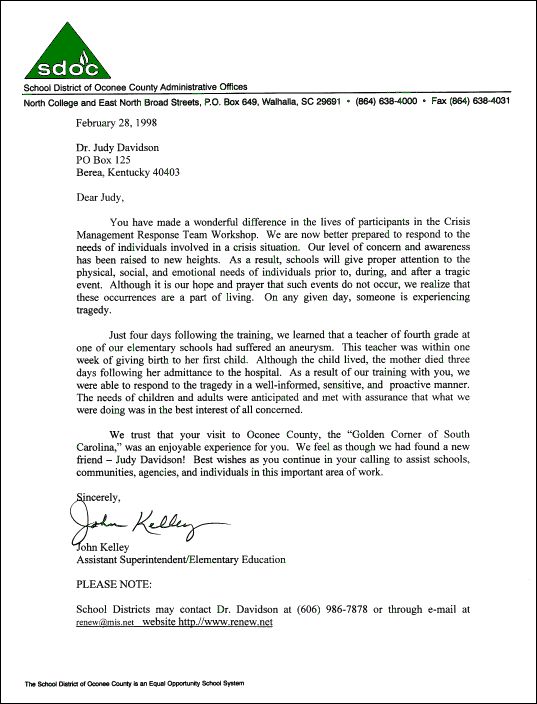 SCHOOL DISTRICT OF OCONEE COUNTY ADMINISTRATIVE OFFICES LETTER