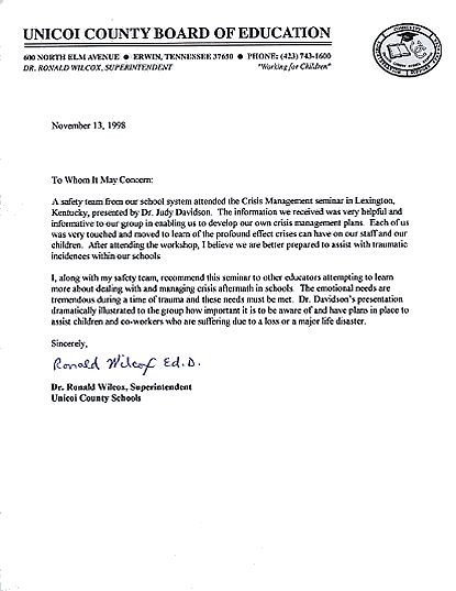 UNICOI COUNTY BOARD OF EDUCATION LETTER